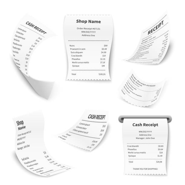 istock Realistic cash register score. Financial document printed on thermal rolled paper, falling different angles sheets, curved corners, purchase bills collection, vector isolated on white set 1327267042