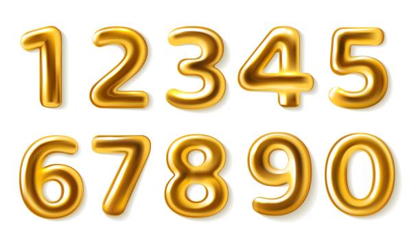 istock Golden numbers. Realistic metal plump numerals from zero to nine, glossy metallic luxury party decor, 3d roundish shapes for greeting cards designs, balloons signs. Vector isolated set 1327267084