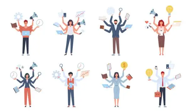 Vector illustration of Multitasking people. Business men, women with many hands, productive work, effective planning and control, multi professionals. Male and female talented employee, workaholic vector set