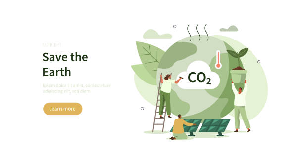 climate change People trying to save planet earth from climate change. Characters planting trees, using clean energy, warning about CO2 emission.  Climate change problem concept. Flat cartoon vector illustration. carbon dioxide stock illustrations