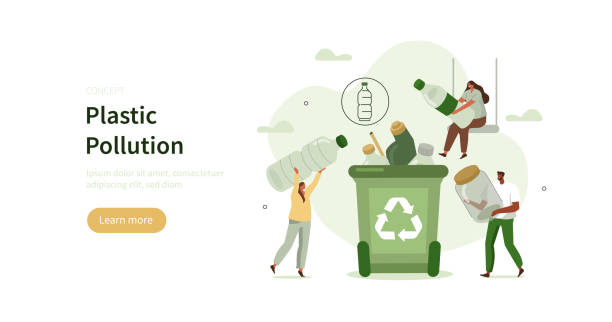 plastic garbage People collecting plastic trash into recycling garbage bin. Characters  sorting the garbage. Plastic pollution problem concept. Flat cartoon vector illustration. recycling illustrations stock illustrations