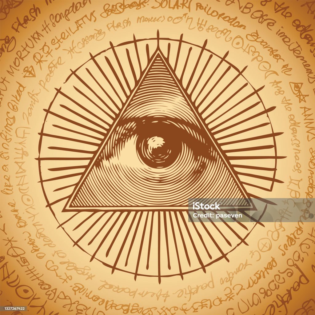 The All-seeing eye of God sign in triangle pyramid Vector banner with the Masonic symbol of the All-seeing eye of God inside triangle pyramid. Ancient mystical sacral illuminati sign on a beige background with illegible scribbles written in a circle Illuminati stock vector
