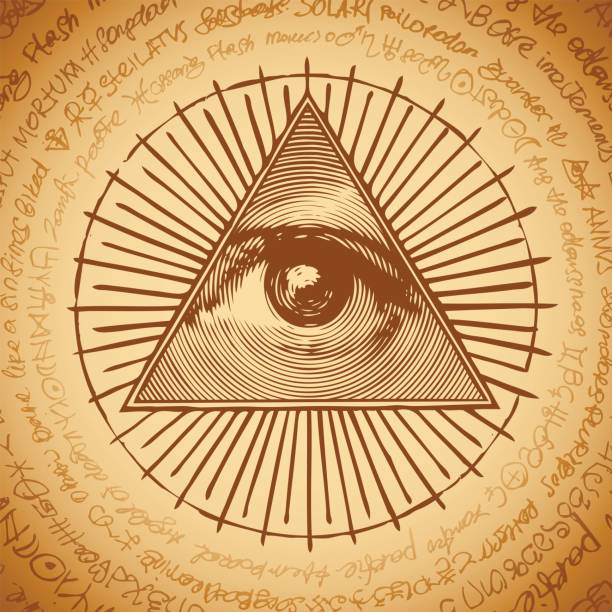 The All-seeing eye of God sign in triangle pyramid Vector banner with the Masonic symbol of the All-seeing eye of God inside triangle pyramid. Ancient mystical sacral illuminati sign on a beige background with illegible scribbles written in a circle illegible stock illustrations