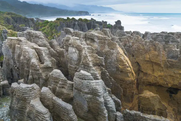 A wide-view shot coastline and beach sea South Island, New Zealand.