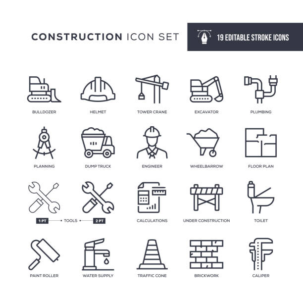 ilustrações de stock, clip art, desenhos animados e ícones de construction editable stroke line icons - drawing compass caliper computer icon work tool