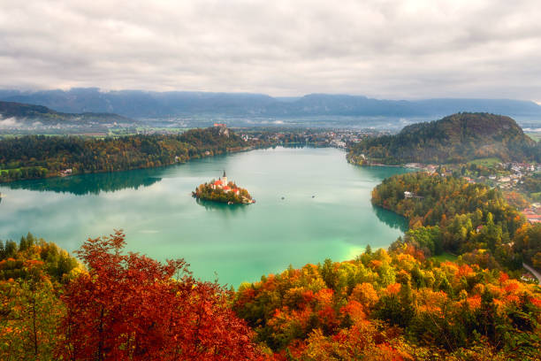 슬로베니아의 유명한 알프스 블레드 호수 (블레스코 제제로), 놀라운 가을 풍경. 경치 좋은 공중 보기, 야외 여행 배경 - julian alps mountain lake reflection 뉴스 사�진 이미지
