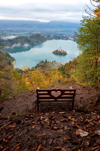 wooden bench with fantastic view to the famous alpine bled lake (blejsko jezero), amazing autumn landscape, outdoor travel background, slovenia - julian alps mountain lake reflection imagens e fotografias de stock