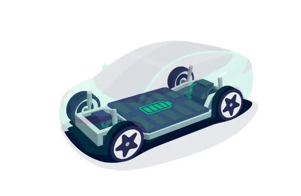 Vector illustration of Electric car chassis with high energy battery cells pack modular platform.