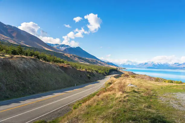 Empty road beautiful destination going to the beautiful landscape lake tekapo, Mt.cook, Lupines fields, South island New Zealand