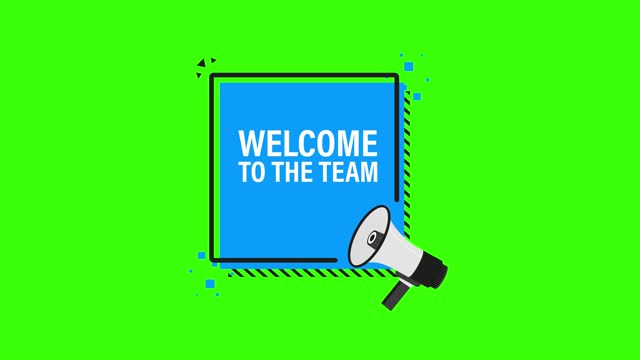 Welcome to the team megaphone blue banner in 3D style on white background. Motion graphics.