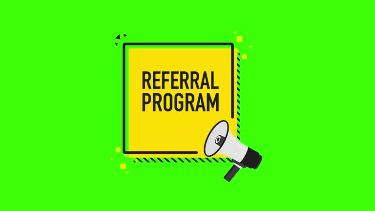 Referral program megaphone yellow banner in 3D style on white background. Motion graphics.