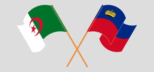Vector illustration of Crossed and waving flags of Algeria and Liechtenstein