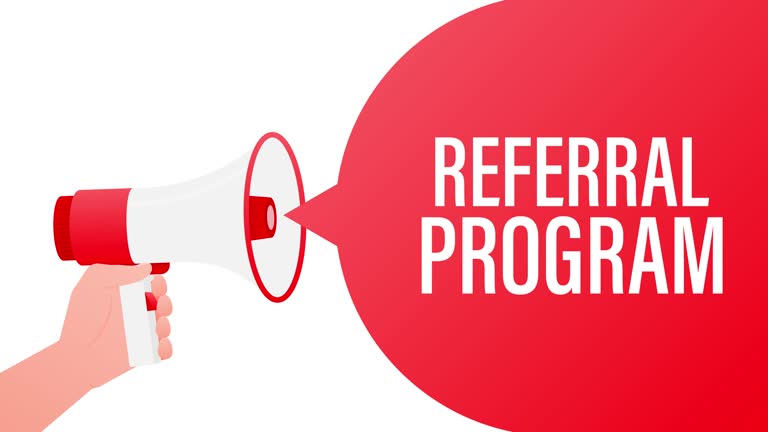 Referral program megaphone banner in 3D style on white background. Motion graphics.