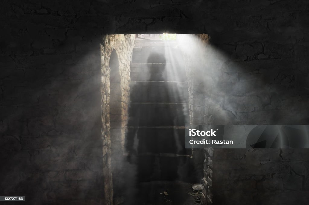 Ghost in the dungeon A picture of an old dusty cellar and ghostly figure in it Ghost Stock Photo