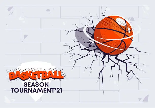 Vector illustration of Vector illustration of a white broken wall from the impact of a basketball, a crack in the wall, the season of the national basketball tournament