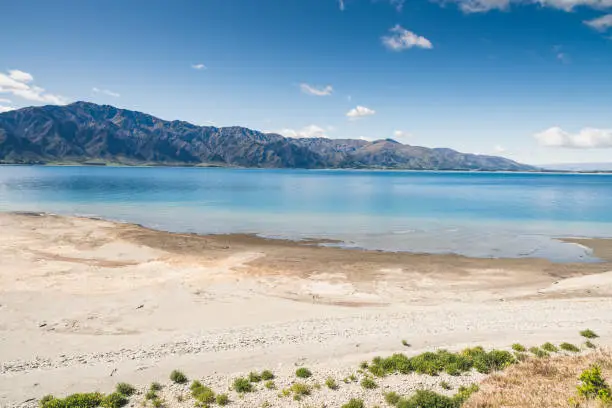 A wide-view shot coastline and beach sea South Island, New Zealand.