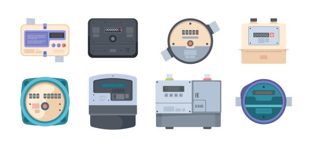 illustrazioni stock, clip art, cartoni animati e icone di tendenza di contatori d'acqua. contatori di dispositivi per scatola di controllo misure gas e liquidi display sistemi vettoriali sgargianti - economize