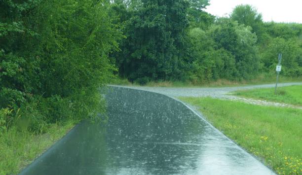 istock Heavy rain splashes on a aspalt street 1327272520