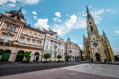 Beautiful Architecture Of Austro Hungarian Buildings And Name Of Mary Church In Novi Sad, Serbia