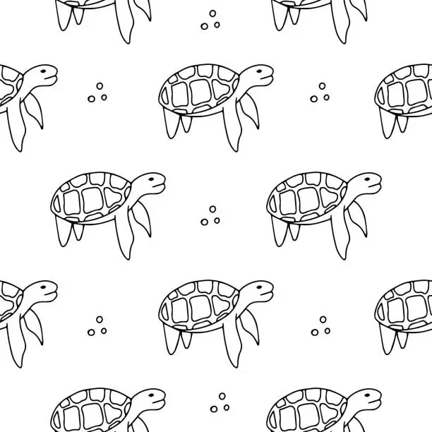 Vector illustration of Seamless pattern - ocean turtle. Black and white