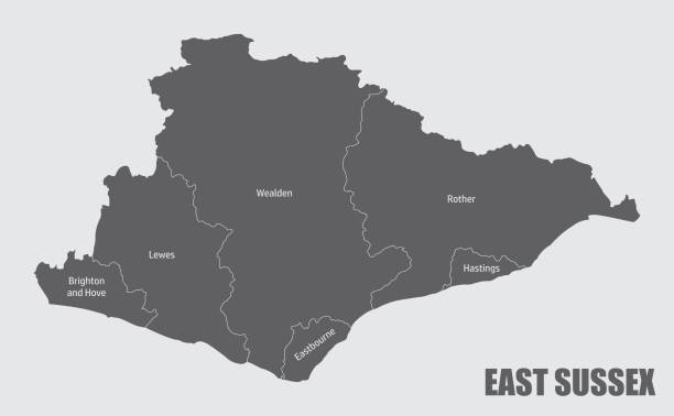 East Sussex county administrative map East Sussex county map divided in districts with labels, England Hove stock illustrations