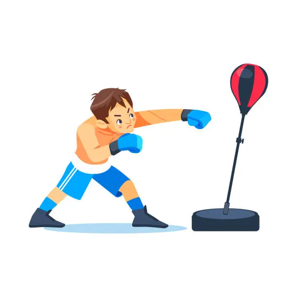 Vector illustration of Boxer teen with Free Standing Punching Bag Adjustable Height for Teenagers. Fitness, sport, exercise, willpower and the concept of lifestyle. Cartoon vector illustration on white background