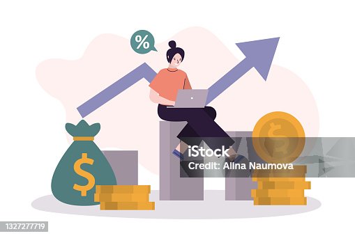 istock Businesswoman successfully investing online. Cute girl with laptop analyzes investment growth 1327277719