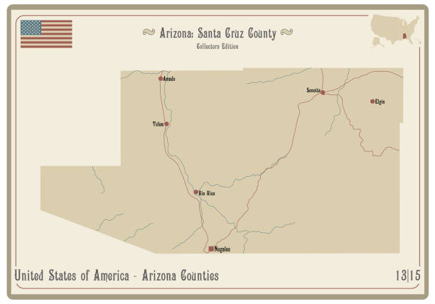 Map of Santa Cruz County in Arizona Map on an old playing card of Santa Cruz county in Arizona, USA. nogales arizona stock illustrations