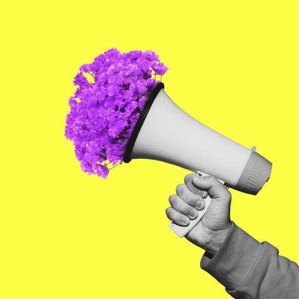 Male hand with megaphone. Contemporary art collage, modern artwork. Concept of idea, inspiration, creativity and beauty. Male hand with flowers in megaphone. Contemporary art collage, modern artwork. Concept of idea, inspiration, creativity and beauty. Bright yellow, purple colors. Copyspace for your ad or text. Surreal conceptual poster. bunch of flowers photos stock pictures, royalty-free photos & images