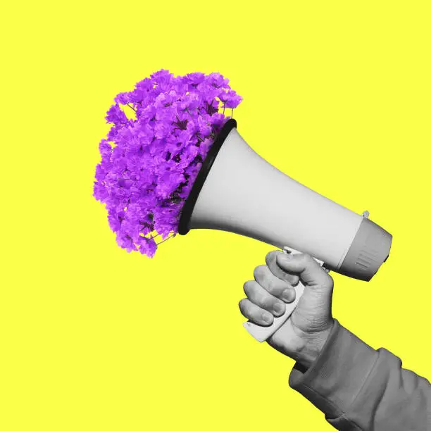 Male hand with flowers in megaphone. Contemporary art collage, modern artwork. Concept of idea, inspiration, creativity and beauty. Bright yellow, purple colors. Copyspace for your ad or text. Surreal conceptual poster.