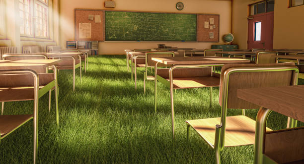 istock interior of a classroom with a floor covered with green grass. 1327282331