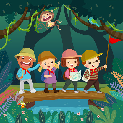 Cartoon of kids with backpacks walking on log bridge across the stream in the jungle. Kids summer camp concept.