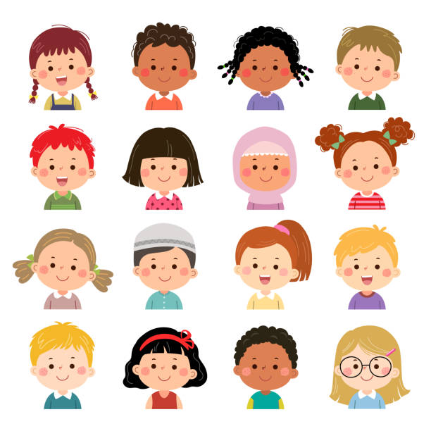 Set of kids faces, avatars, children heads different nationality in flat style. Set of kids faces, avatars, children heads different nationality in flat style. muslim cartoon stock illustrations