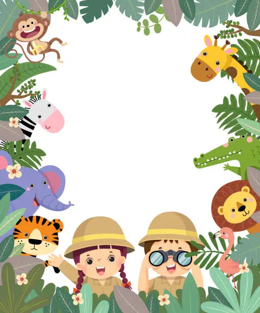 Vector illustration of Template for advertising brochure with cartoon of girl and boy holding binoculars in safari clothes with animals in tropical leaves