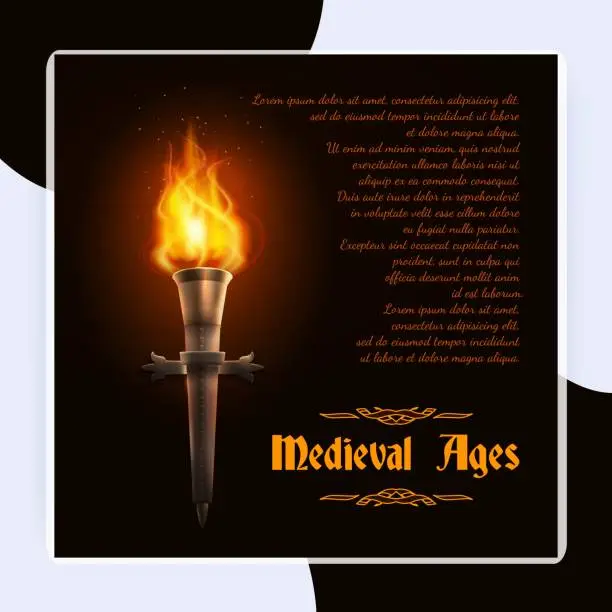 Vector illustration of Realistic fire torch on brick wall background with medieval ages text vector