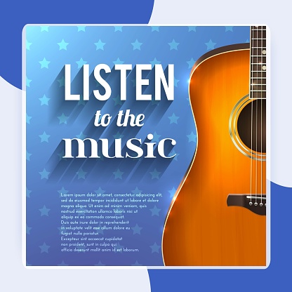 Realistic guitar on blue star background with listen to the music text vector illustration