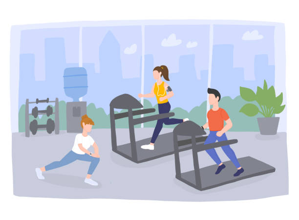 ilustrações de stock, clip art, desenhos animados e ícones de healthy lifestyle sports and fitness gym - health club gym young men dumbbell