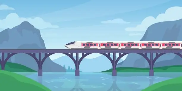 Vector illustration of Train on bridge. Mountain landscape with speed electric train on railway. Fast railroad transport. Traveling adventure trip vector concept