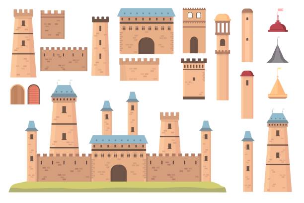 illustrazioni stock, clip art, cartoni animati e icone di tendenza di costruttore castle. elementi architettonici medievali, torri con bandiere, mura e porte. vecchio edificio bastione storico, set vettoriale fortezza - castello