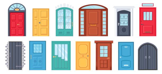 istock Retro doors. Cartoon front doorway exterior with brick wall. House or office entrance with glass. Wooden door design with handle vector set 1327291133