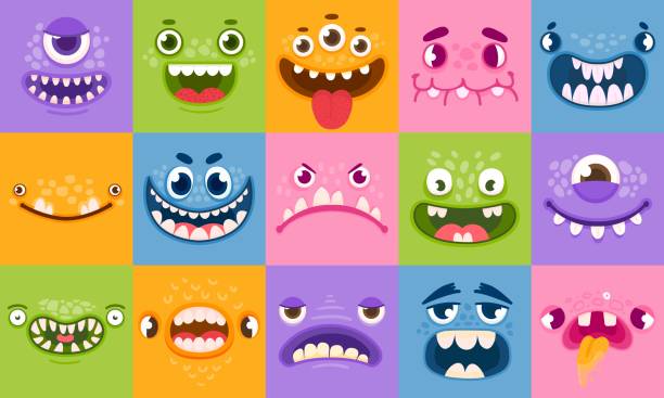 ilustrações de stock, clip art, desenhos animados e ícones de monster faces. funny cartoon monsters heads, eyes and mouths. scary characters for kids. halloween monsters or aliens emotions vector set - monster cartoon bizarre characters