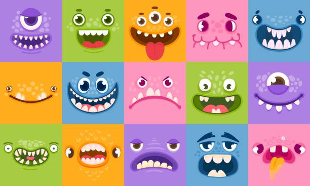 Monster faces. Funny cartoon monsters heads, eyes and mouths. Scary characters for kids. Halloween monsters or aliens emotions vector set Monster faces. Funny cartoon monsters heads, eyes and mouths. Scary characters for kids. Halloween monsters or aliens emotions vector set. Devil cute head, halloween beast scary illustration cartoon animals stock illustrations
