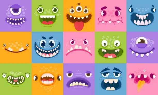 Vector illustration of Monster faces. Funny cartoon monsters heads, eyes and mouths. Scary characters for kids. Halloween monsters or aliens emotions vector set