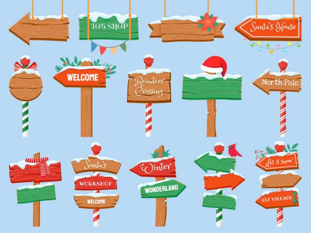 nordpol-zeichen. weihnachten holz straße signboad mit schnee. pfeil-wegweiser richtung zum weihnachtsmann-workshop. winterurlaub spielzeug shop vektor-set - werkstatt stock-grafiken, -clipart, -cartoons und -symbole