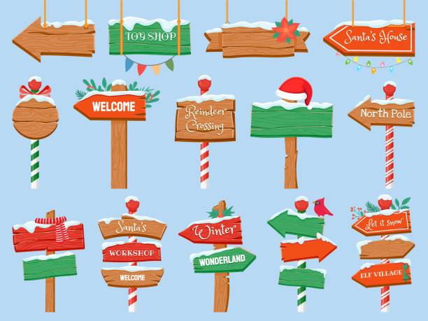 North pole signs. Christmas wooden street signboad with snow. Arrow signpost direction to Santa workshop. Winter holiday toy shop vector set North pole signs. Christmas wooden street signboad with snow. Arrow signpost direction Santa. Winter holiday toy shop vector set. Signboard and signpost, snowy board for merry christmas illustration sign stock illustrations