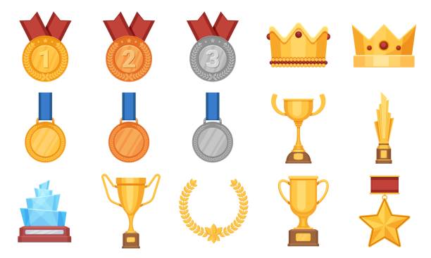 stockillustraties, clipart, cartoons en iconen met trophies and medals. award prize flat icon, olympic gold, silver and bronze medal with ribbon. winner cup, glass reward and crown vector set - trophy
