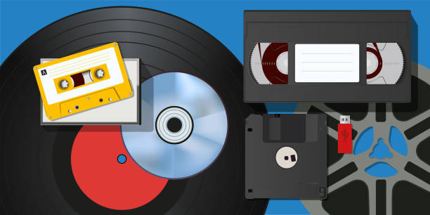 illustrazioni stock, clip art, cartoni animati e icone di tendenza di set vintage di apparecchiature di registrazione audio e video. - cd player