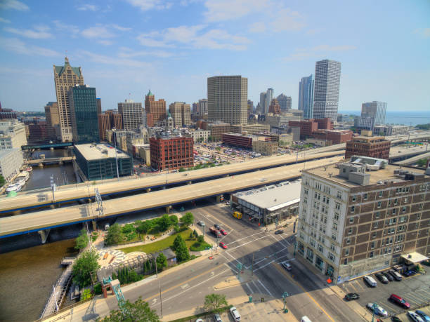 Aerial View of Downtown Milwaukee, Wisconsin in Summer Aerial View of Downtown Milwaukee, Wisconsin in Summer milwaukee wisconsin photos stock pictures, royalty-free photos & images