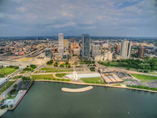Aerial View of Downtown Milwaukee, Wisconsin in Summer stock photo