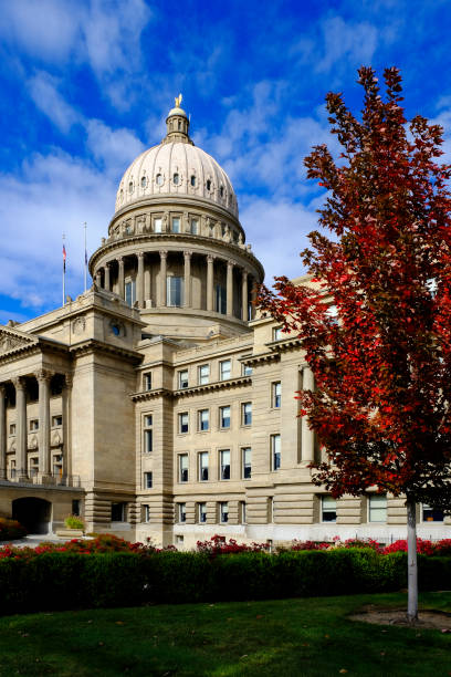 istock Idaho State Capital Building in fall Autumn leaves blue sky 1327291840